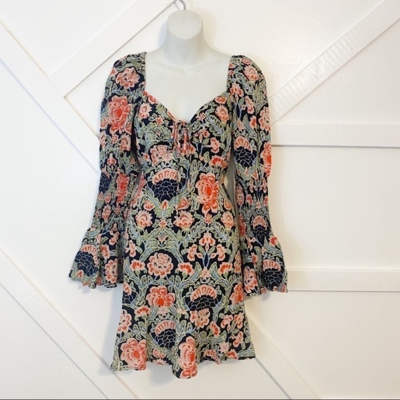 Band Of Gypsies Simone Floral Printed Flared Ruffle Long Sleeve Mini Dress Y2K - Picture 1 of 8